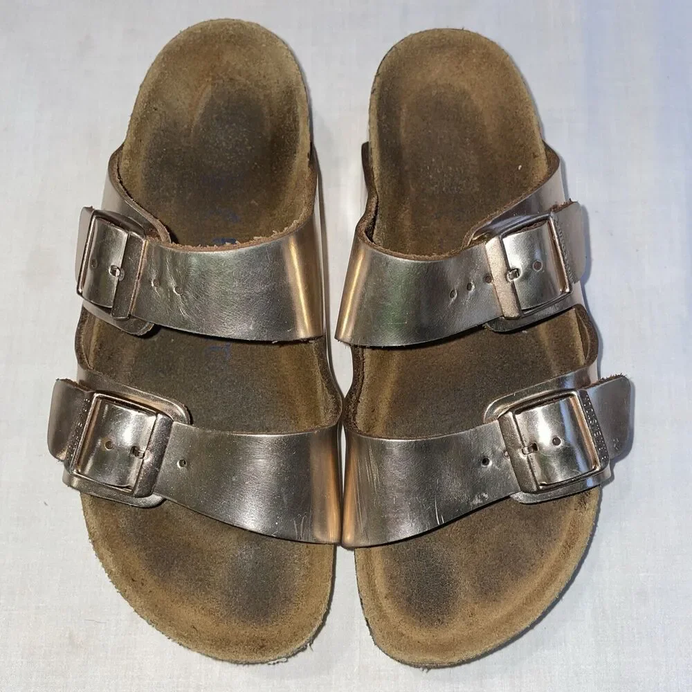 Birkenstocks Womens Footbed Sandals Size 5 M Pink Leather Buckle Cross Straps